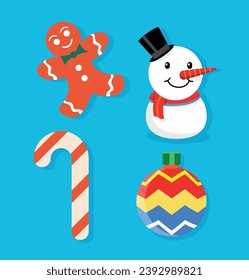 CHRISTMAS DECORATIONS TO HANG. Cookies, candies, snowman and Christmas ball. Vector for Christmas. Isolated on blue background. 
