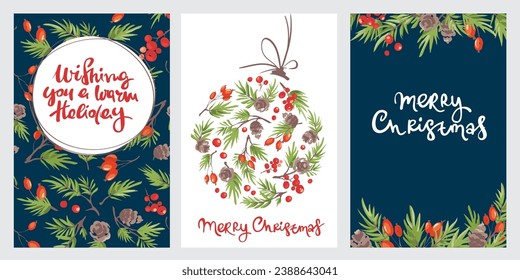 Christmas decorations, holiday background. Set of Greeting card. Collection of design elements with fir branches, berries and cones.	