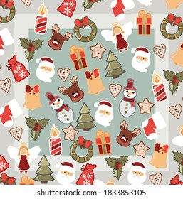 Christmas decorations with holiday cookies on the olive background