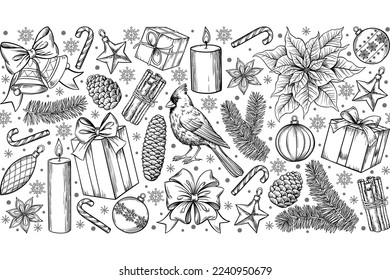 Christmas decorations and holiday elements can use like seamless border, hand drawn sketch holiday illustration.