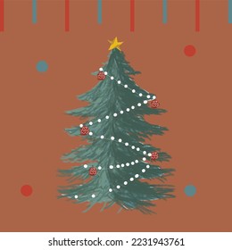 Christmas decorations, holiday gifts, winter knitted woolen clothes, ginger bread, trees, gifts and penguin. Colorful vector illustration in flat cartoon style