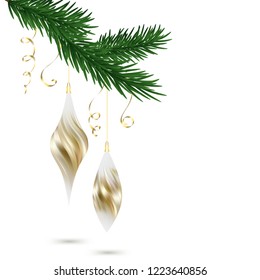 Christmas decorations. Holidays. Garlands. Christmas background. Fir branches. Gold.
