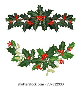 Christmas decorations with holly, berries, mistletoe and decorative elements. Design element for Christmas decoration. Vector illustration