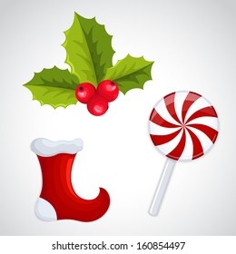 Christmas decorations - holly, candy, christmas sock