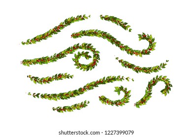 Christmas decorations with holly leaves and red berries. Ornamental design elements collection. Illustration for xmas and new year design.