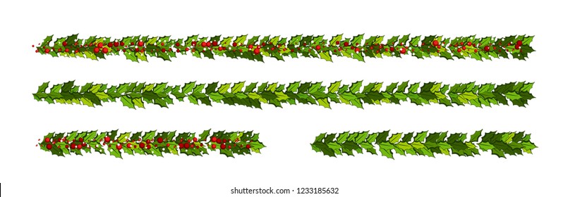 Christmas decorations with holly leaves and red berries.  Horizontal garlands Illustration for xmas and new year design.