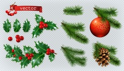 Vánoční Ozdoby. Holly, Smrk, červené Bobule, Vánoční Cetka, Jehličnanový Kužel. 3D Realistická Vektorová Ikona Set