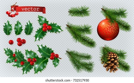 Christmas decorations. Holly, spruce, red berries, christmas bauble, conifer cone. 3d realistic vector icon set