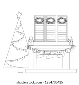 Christmas decorations home with fireplace and Christmas tree.Merry Christmas card.Christmas is coming