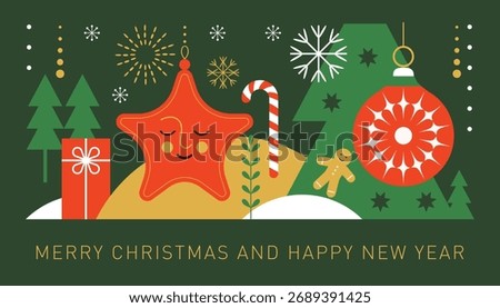 Christmas decorations, horizontal banner, vector xmas card, Christmas tree toys