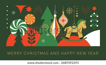 Christmas decorations, horizontal banner, vector xmas card, Christmas tree toys