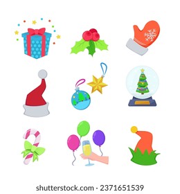 Christmas decorations icon sets. Vector illustrations of fur tree, baubles, mitten, hat, gift box and flute of champagne. Christmas celebration, holiday concept