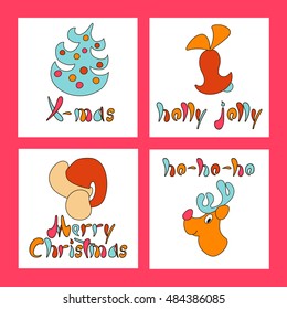 Christmas decorations icons on bauble shape postcard background. Vector illustration layered for easy manipulation and custom coloring. Holiday objects collection. Set of icons and decoration.