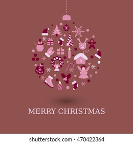 Christmas decorations icons on postcard background. Vector illustration layered for easy manipulation and custom coloring.