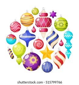 Christmas decorations icons set in circle shape with embellished balls stars and icicles isolated vector llustration