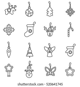Christmas decorations icons set. Christmas toy for the christmas tree, thin line design. Toys on a rope, linear symbols collection. isolated vector illustration.