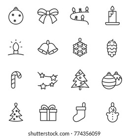 Christmas decorations icons set, toys for christmas tree thin line design. Line with Editable stroke
