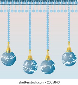 Christmas decorations illustrated with snowflakes, hanging on stings of Pearls.