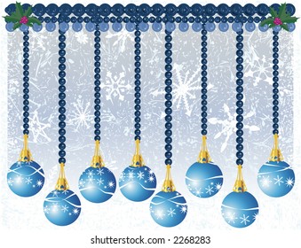 Christmas decorations illustrated with snowflakes on a Blue background. Each ornament is unique, hanging on stings of Pearls.