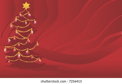 Christmas decorations illustrated with a Christmas tree in a dreamy red background.