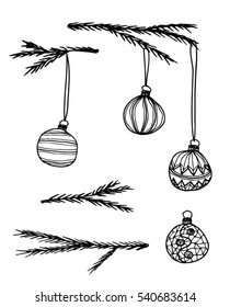 Christmas decorations illustration - spruce branches and ornaments - outline. Hand-drawn. Use as illustrations for newspapers, magazines, invitations, letters, cards etc. Vector. Eps 10.