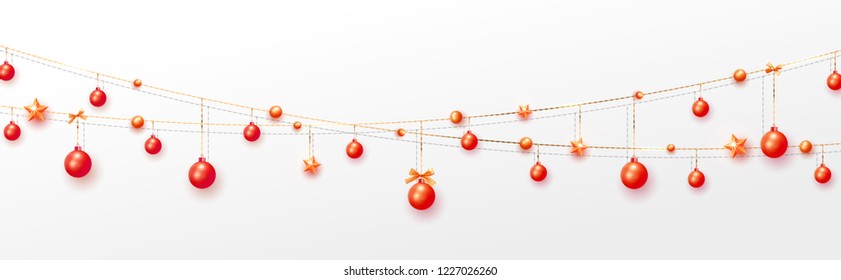 Christmas decorations isolated. Background red string garlands with balls and stars realistic. Xmas decor. Festive design element. vector illustration