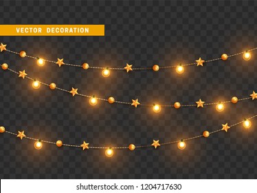 Christmas decorations, isolated on transparent background. Golden light garlands and star realistic set. Gold Xmas decor. Festive design element