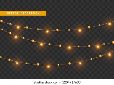 Christmas decorations, isolated on transparent background. Golden light garlands realistic set. Gold Xmas decor. Festive design element