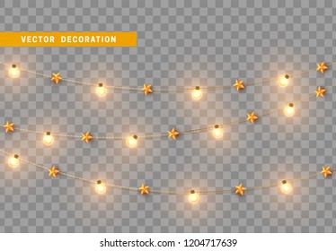 Christmas decorations, isolated on transparent background. Gold light garlands with stars realistic set. Golden Xmas decor. Festive design element