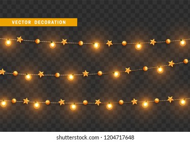 Christmas decorations, isolated on transparent background. Golden light garlands and star realistic set. Gold Xmas decor. Festive design element