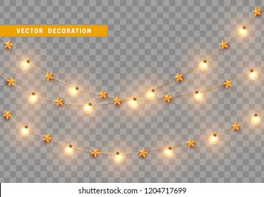 Christmas decorations, isolated on transparent background. Gold light garlands with stars realistic set. Golden Xmas decor. Festive design element