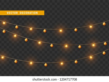 Christmas decorations, isolated on transparent background. Gold light garlands with balls realistic set. Golden Xmas decor. Festive design element