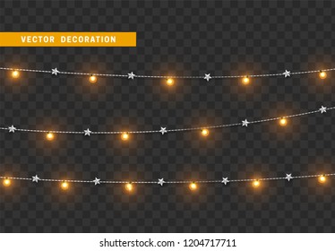 Christmas decorations, isolated on transparent background. Gold light garlands with stars realistic set. Golden and white Xmas decor. Festive design element