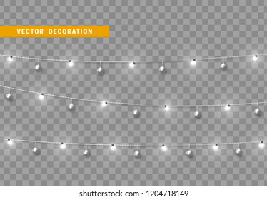 Christmas decorations, isolated on transparent background. White light garlands with balls realistic set. Silver Xmas decor. Festive design element