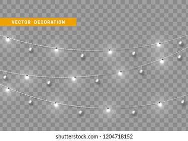 Christmas decorations, isolated on transparent background. White light garlands with balls realistic set. Silver Xmas decor. Festive design element