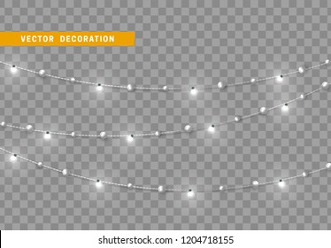 Christmas decorations, isolated on transparent background. White light garlands realistic set. Silver Xmas decor. Festive design element