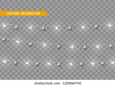 Christmas decorations, isolated on transparent background. Silver light garlands with balls realistic set. White Xmas decor. Festive design element