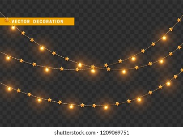 Christmas decorations, isolated on transparent background. Gold light garlands with stars realistic set. Golden Xmas decor. Festive design element