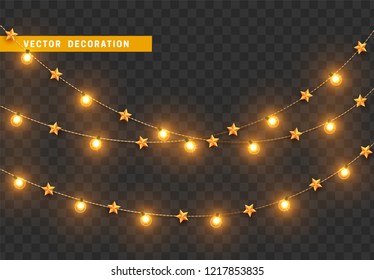 Christmas decorations, isolated on transparent background. Gold light garlands with stars realistic set. Golden Xmas decor. Festive design element