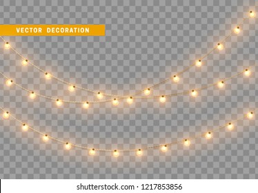 Christmas decorations, isolated on transparent background. Golden light garlands realistic set. Gold Xmas decor. Festive design element