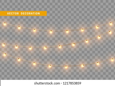 Christmas decorations, isolated on transparent background. Golden light garlands realistic set. Gold Xmas decor. Festive design element