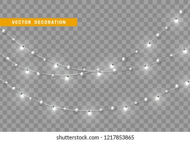 Christmas decorations, isolated on transparent background. White light garlands realistic set. Silver Xmas decor. Festive design element