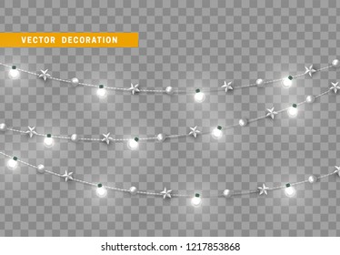 Christmas decorations, isolated on transparent background. White light garlands and star realistic set. Silver Xmas decor. Festive design element