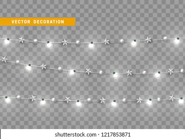 Christmas decorations, isolated on transparent background. White light garlands and star realistic set. Silver Xmas decor. Festive design element