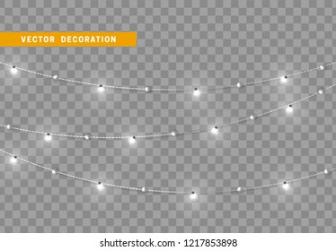 Christmas decorations, isolated on transparent background. Silver light garlands realistic set. White Xmas decor. Festive design element