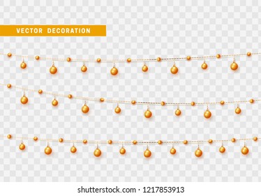 Christmas decorations, isolated on transparent background. Golden garlands with balls realistic set. Gold Xmas decor. Festive design element