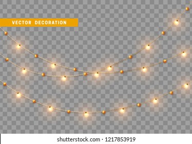 Christmas decorations, isolated on transparent background. Golden light garlands realistic set. Gold Xmas decor. Festive design element