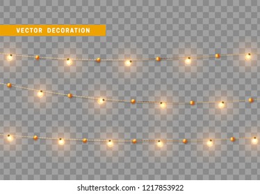 Christmas decorations, isolated on transparent background. Golden light garlands realistic set. Gold Xmas decor. Festive design element
