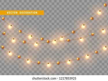 Christmas decorations, isolated on transparent background. Golden light garlands realistic set. Gold Xmas decor. Festive design element