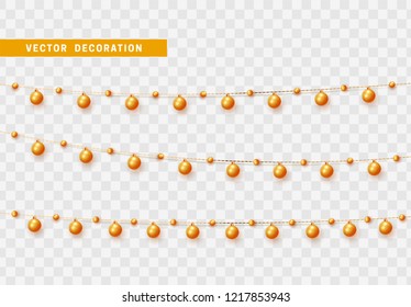 Christmas decorations, isolated on transparent background. Golden garlands with balls realistic set. Gold Xmas decor. Festive design element